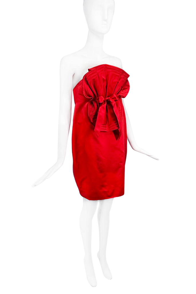 Christian Lacroix Red Ruffle Bow Satin Bubble Dress