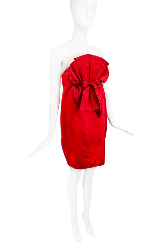Christian Lacroix Red Ruffle Bow Satin Bubble Dress