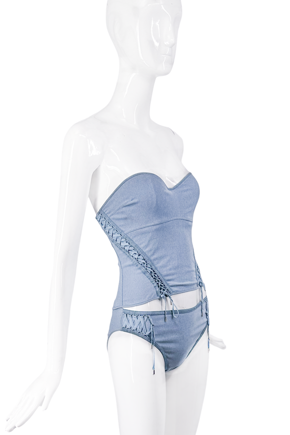 Christian Dior by John Galliano Blue Denim Lace Up Corset Bustier Top Fall 2002
