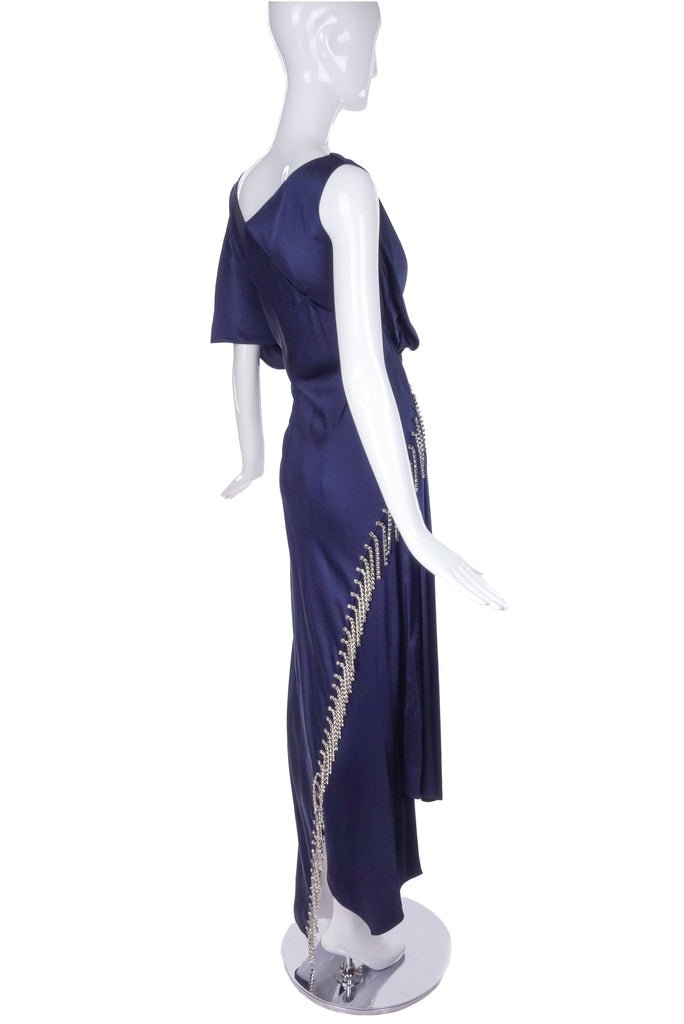 Christopher Kane Navy Midnight Black Asymmetric Cascading Crystal Fringe Satin Gown Dress PF2018