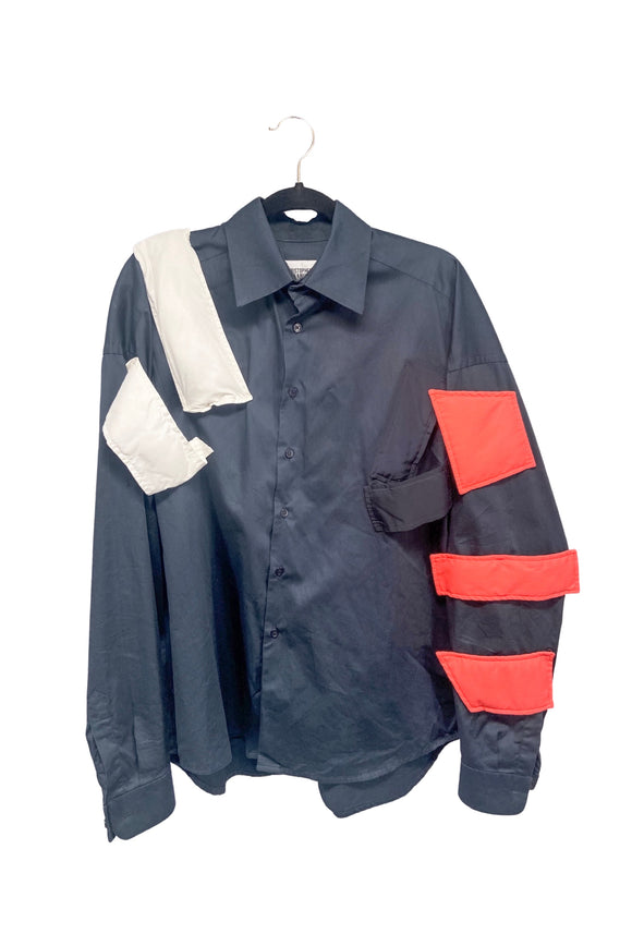 Christopher Shannon Navy Blue Button-Up Shirt Jacket with Puffy Colorblock Patches