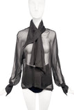 Claude Montana Black Gray Chiffon Sheer Bow Blouse