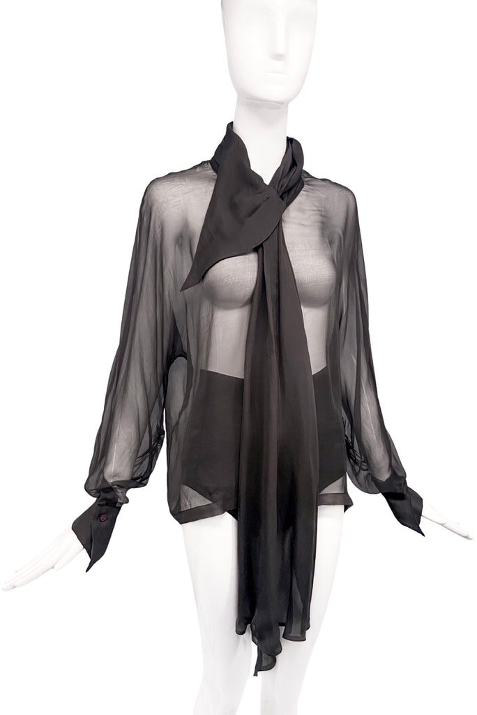 Claude Montana Black Gray Chiffon Sheer Bow Blouse