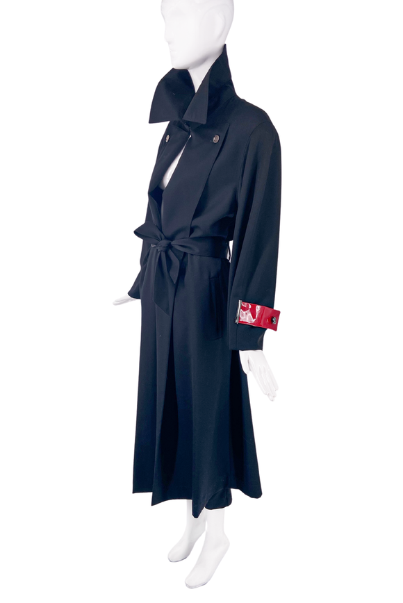 Claude Montana Black Broad Shoulder Trench Coat with Red Patent Leather Straps