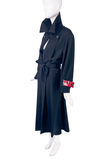 Claude Montana Black Broad Shoulder Trench Coat with Red Patent Leather Straps