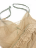 Colette Dinnigan Nude Fishnet Tulle Slip Dress with Green Satin Straps Crochet Lace Trim 1990's