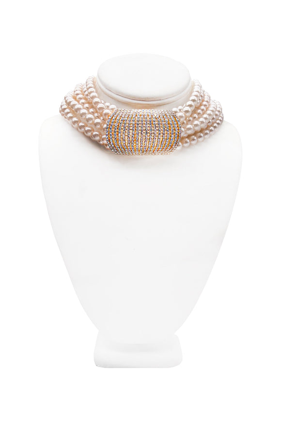 Courreges Pearl Crystal Clasp Choker Necklace