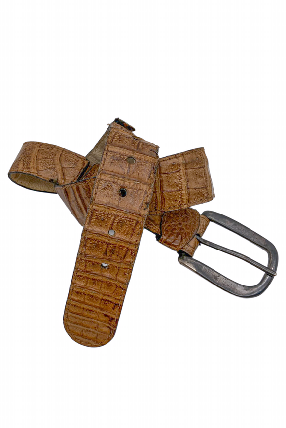 Vintage Brown Crocodile Waist Belt with Antique Silver Buckle