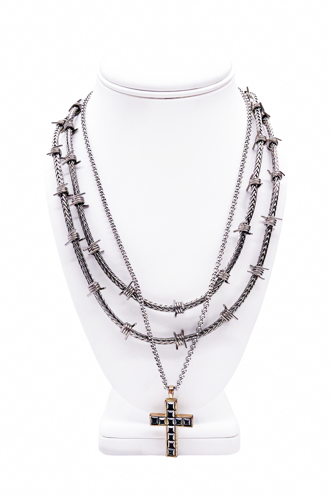 Cruize "Julius" Silver Spike Thorn Double Layer Necklace and Vintage Cross Necklace