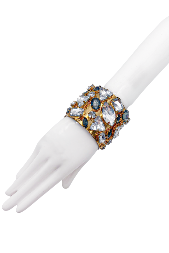 Vintage Gold Oversized Cuff Bracelet with Triangle & Tear Drop & Square & Round Clear and Smokey Crystals