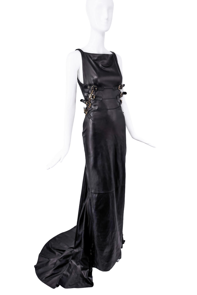 DSquared Black Leather Gold Buckle Fishtail Gown Spring 2013 Runway