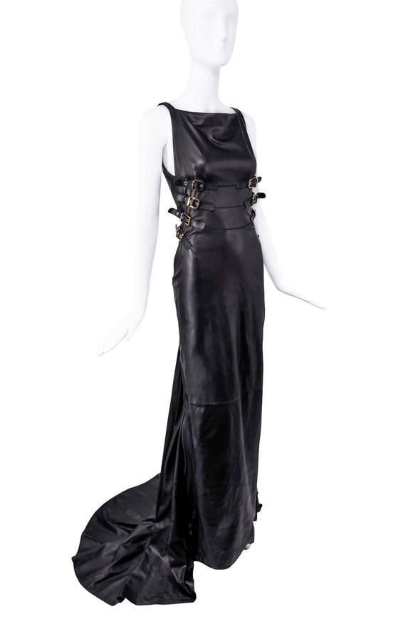 DSquared Black Leather Gold Buckle Fishtail Gown Spring 2013 Runway