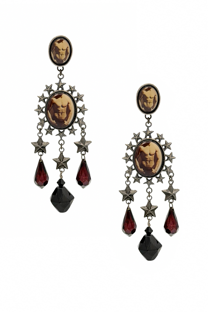 Jean Paul Gaultier Silver Vintage Star Beaded Abs Chest Cameo Charm Drop Earrings