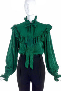 Saint Laurent Emerald Paisley Print Ruffle and Bow Blouse