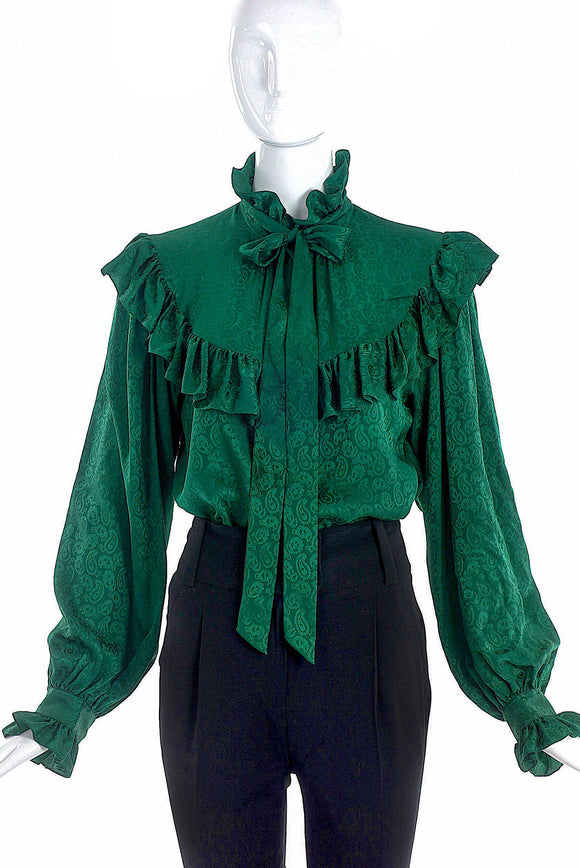 Saint Laurent Emerald Paisley Print Ruffle and Bow Blouse