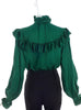 Saint Laurent Emerald Paisley Print Ruffle and Bow Blouse