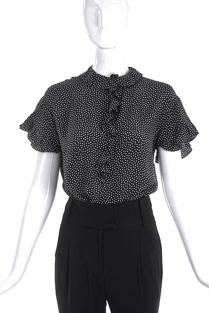 Saint Laurent Rive Gauche Black Polka Dot Ruffle Short Sleeves Blouse - BOUTIQUE PURCHASE PRICE