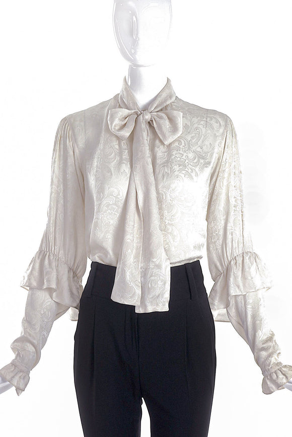 Saint Laurent Rive Gauche White Ruffle Bow Blouse with Paisley Print