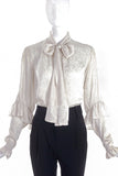 Saint Laurent Rive Gauche White Ruffle Bow Blouse with Paisley Print