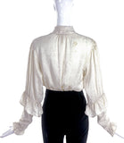 Saint Laurent Rive Gauche White Ruffle Bow Blouse with Paisley Print