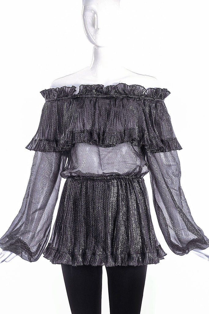 Saint Laurent Rive Gauche Metallic Ruffle Off the Shoulder Blouse