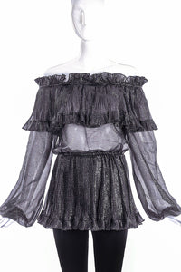 Saint Laurent Rive Gauche Metallic Ruffle Off the Shoulder Blouse
