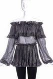 Saint Laurent Rive Gauche Metallic Ruffle Off the Shoulder Blouse