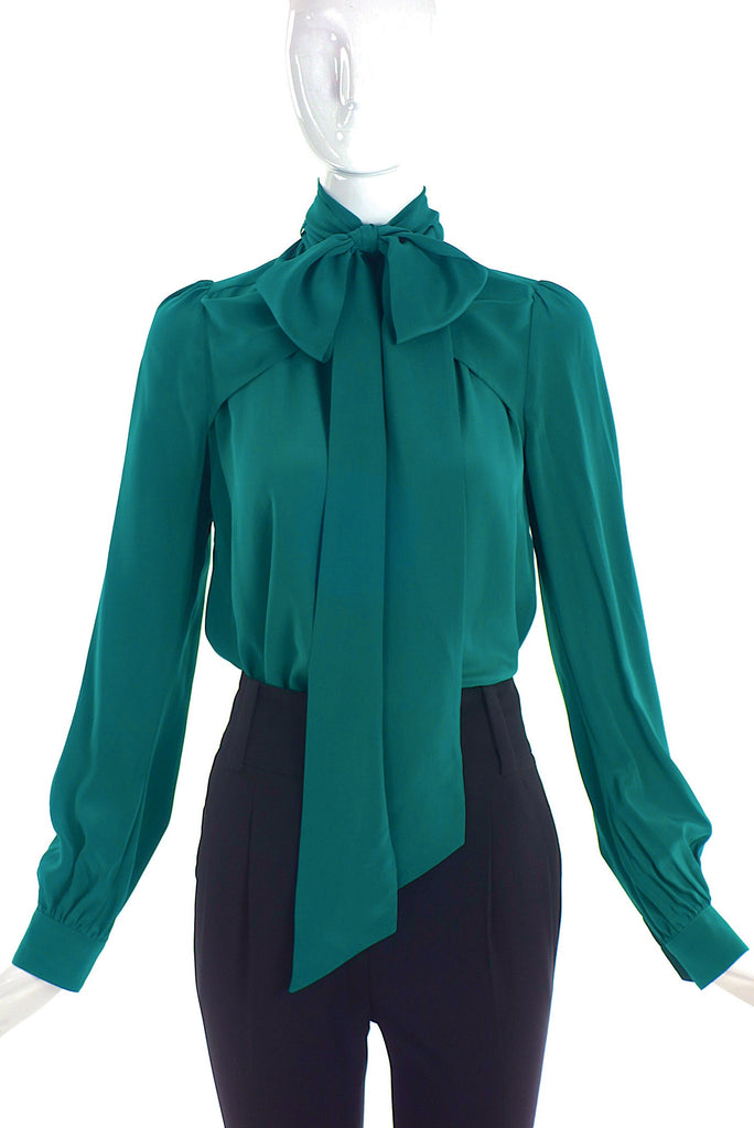 Gucci Emerald Teal Green Military Neck Bow Button-Up Blouse