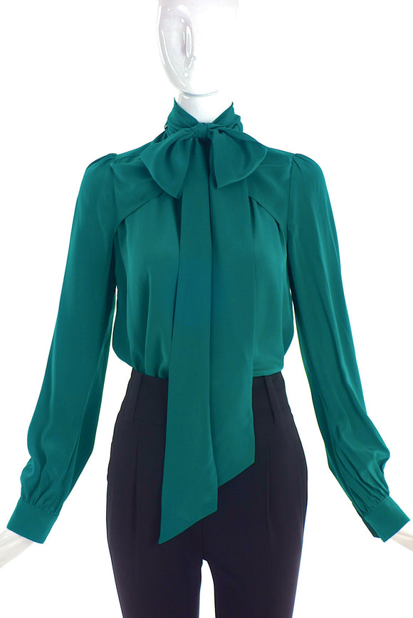 Gucci Emerald Teal Green Military Neck Bow Button-Up Blouse