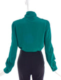 Gucci Emerald Teal Green Military Neck Bow Button-Up Blouse