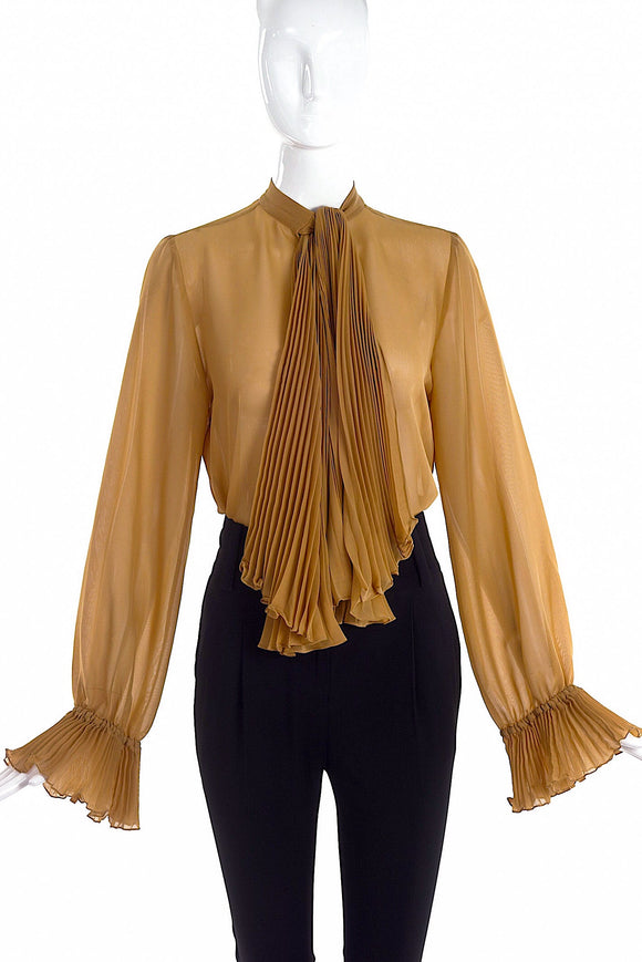 Gucci Camel Sheer Button-Up Blouse with Pleated Tie - BOUTIQUE PURCHASE PRICE