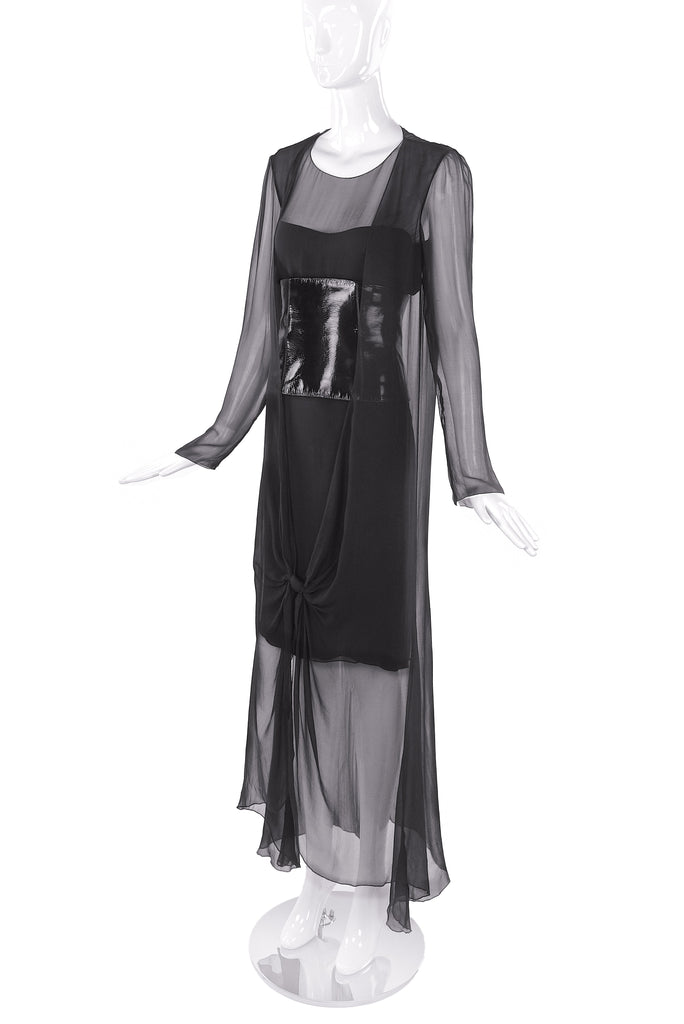 Chanel Black Chiffon Drape Gown Dress with a Patent Leather Corset