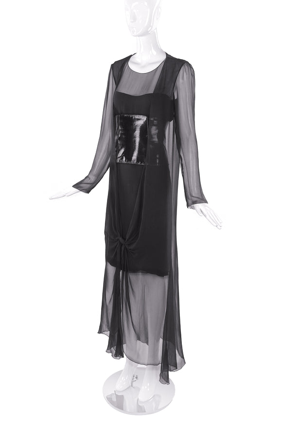 Chanel Black Chiffon Drape Gown Dress with a Patent Leather Corset