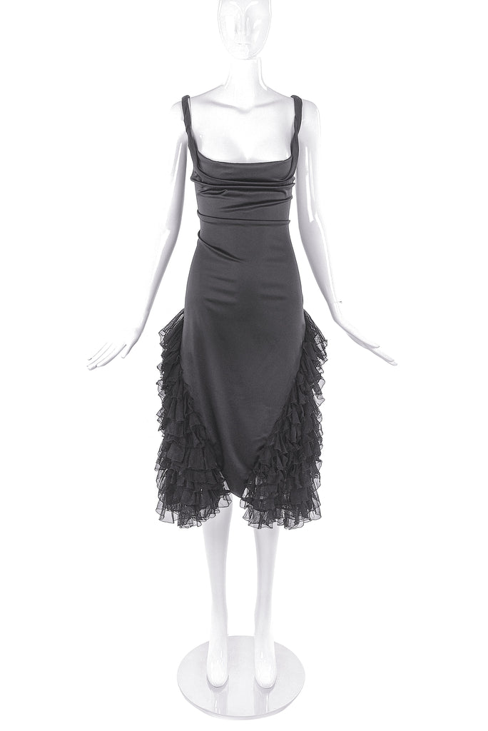 Alexander McQueen Black Satin Cowl Neck Dress with Lace Ruffle Details Late Nineties