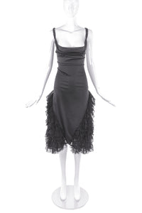 Alexander McQueen Black Satin Cowl Neck Dress with Lace Ruffle Details Late Nineties