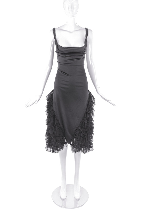 Alexander McQueen Black Satin Cowl Neck Dress with Lace Ruffle Details Late Nineties