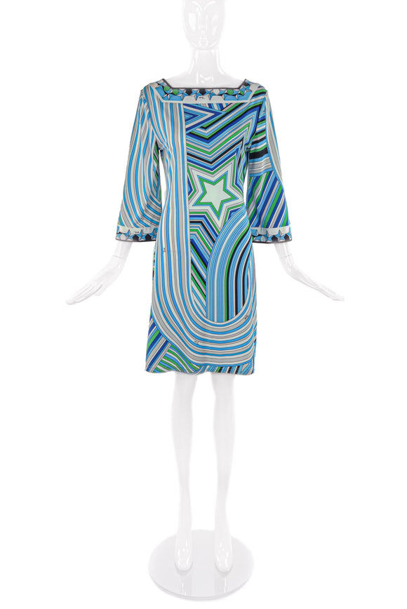 Emilio Pucci Green and Blue Classic Print Midi Shift Dress with Star SS2008 - BOUTIQUE PURCHASE PRICE