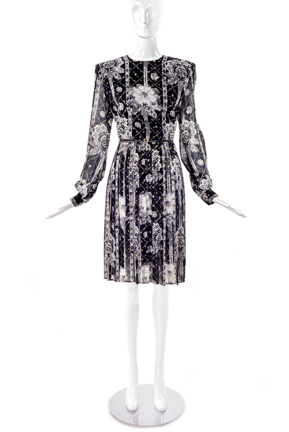 André Laug Black and White Chiffon Floral Print Day Dress