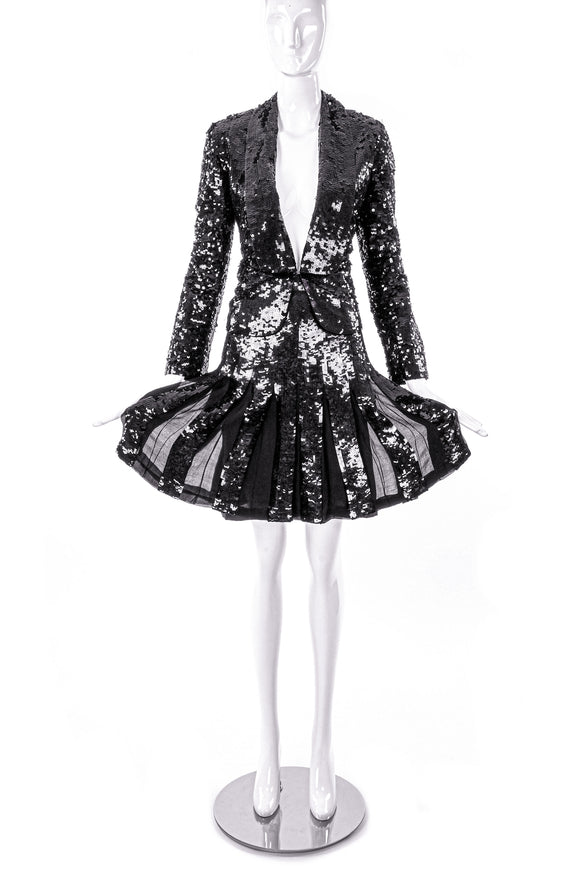 Oleg Cassini Black Silk and Sequin Suit Blazer and Louis Feraud Flouncy Sequin Chiffon Skirt