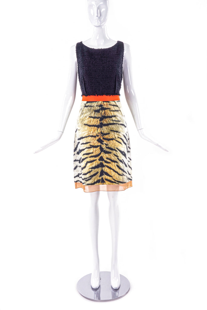 Giambattista Valli Black Boucle and Chiffon Tiger Print Dress - BOUTIQUE PURCHASE PRICE