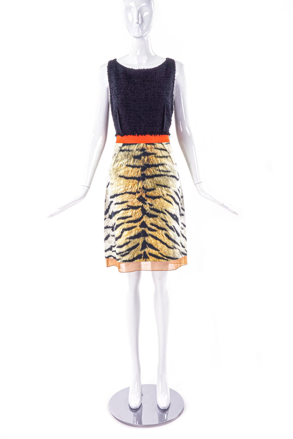Giambattista Valli Black Boucle and Chiffon Tiger Print Dress - BOUTIQUE PURCHASE PRICE
