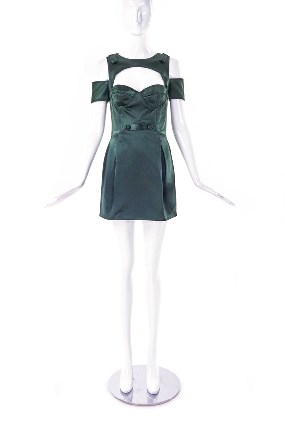 Versus Versace Dark Green Satin Cut-Out Detail Mini Dress FW2010
