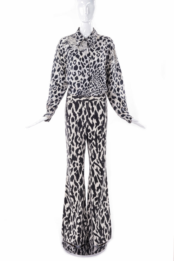 Céline Black and Ivory Abstract Animal Print Wide Leg Trouser