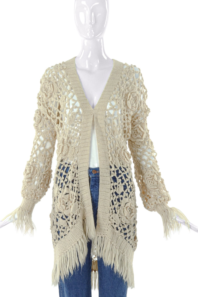 Fiorucci Cream Floral Oversized Crochet Cardigan with Fringe - BOUTIQUE PURCHASE PRICE