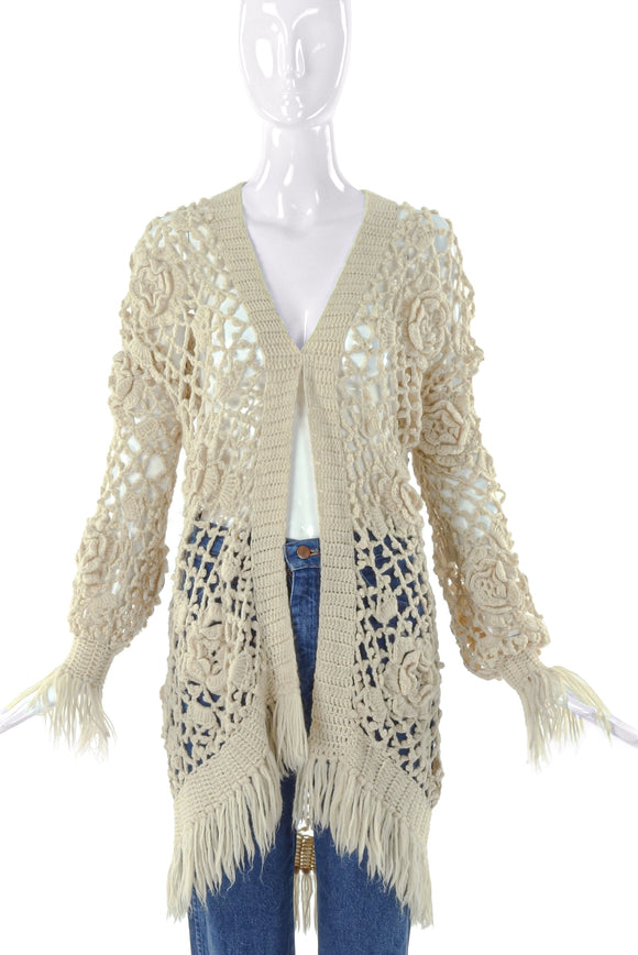 Fiorucci Cream Floral Oversized Crochet Cardigan with Fringe - BOUTIQUE PURCHASE PRICE