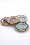 Four Vintage Japanese Porcelain Mosaic Tile Dishes with Gold Metal Back.