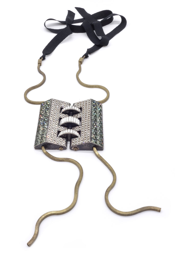Lanvin Geometric Crystal Necklace with Ribbon FW2014