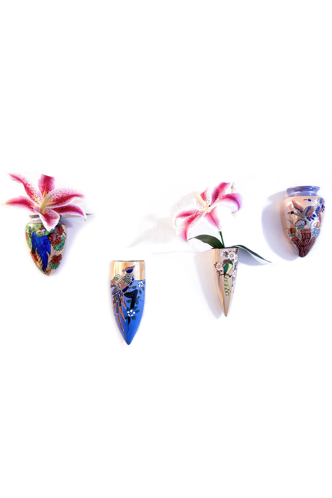 Set of 4 Vintage Japanese Hand Painted Wall Vases