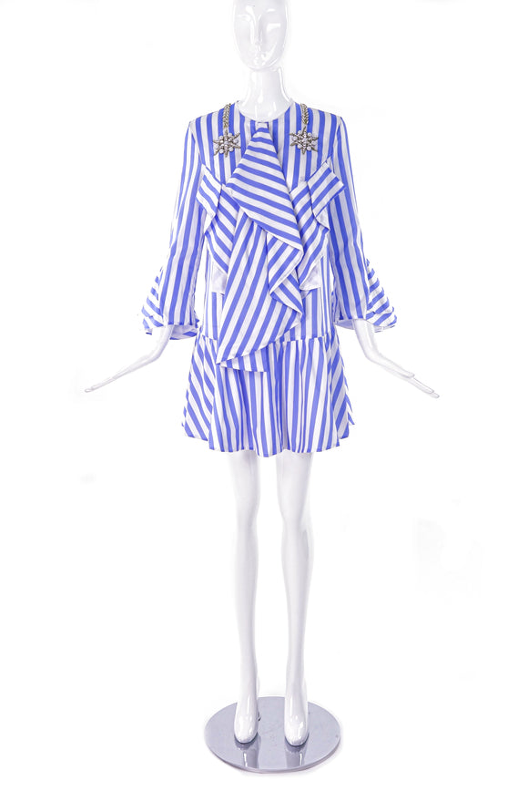 Francesco Scognamiglio Blue and White Cotton Day Dress with Crystal and Pearl Star Details - BOUTIQUE PURCHASE PRICE