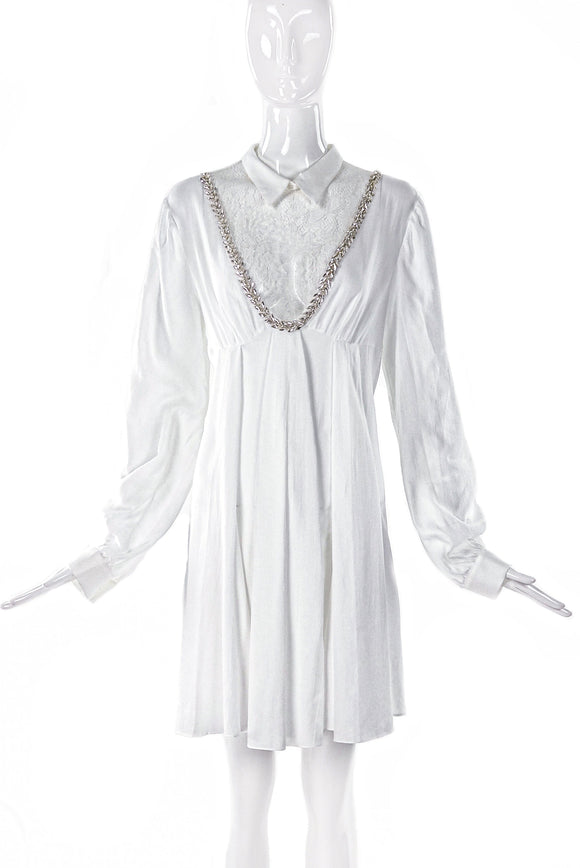 Francesco Scognamiglio White Shirtdress with a Lace Bust and Crystal Details SS2017 - BOUTIQUE PURCHASE PRICE